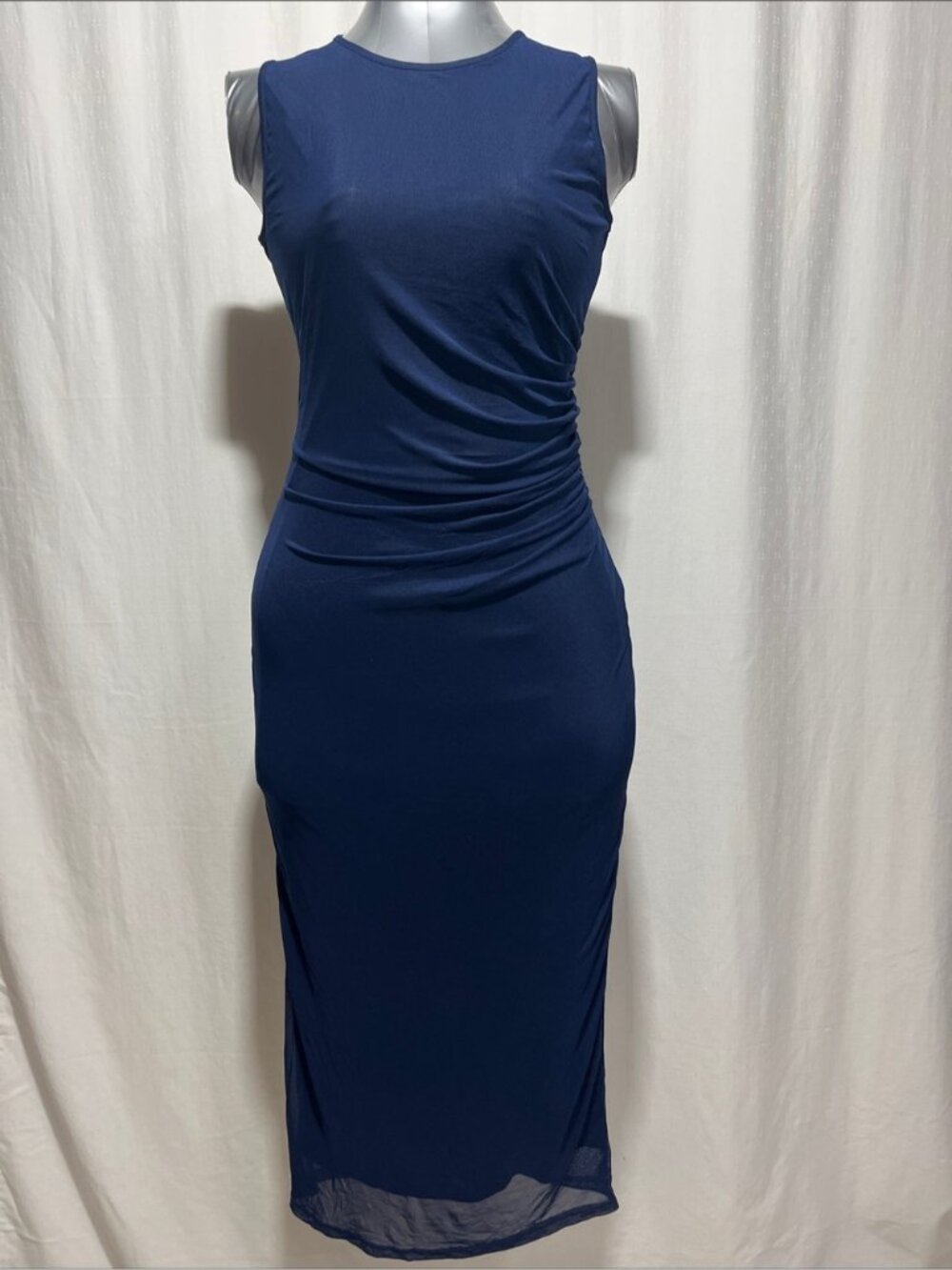 Sleeveless Navy Ruched Maxi Dress. Party prom wedding Elegant comfy 1127 - Picture 2 of 3